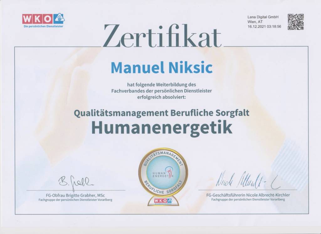 Zertifikat Humanenergetik Manuel Niksic